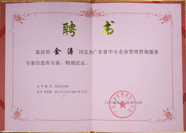 金涛老师被评为广东省中小企业管理咨询服务专家