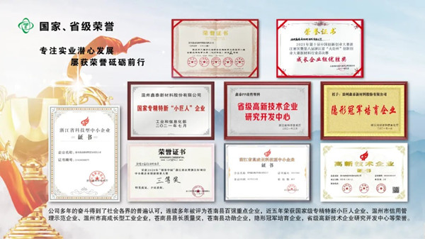 温州鑫泰新材料股份有限公司荣誉证书